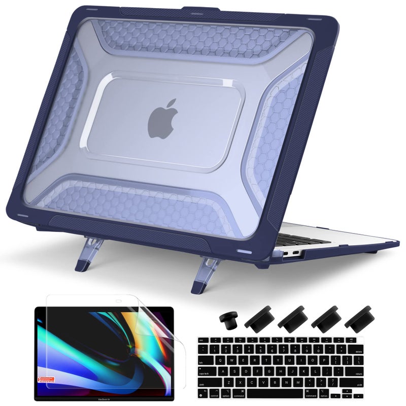 Batianda Protective Case for MacBook Air 13 inch 2020 2019 Release A2337 M1 A2179 A1932 with Touch ID Heavy Duty Honeycomb Hard Shell with Slim TPU Bumper and Fold Kickstand & Keyboard Cover Navy Blue - Image 1